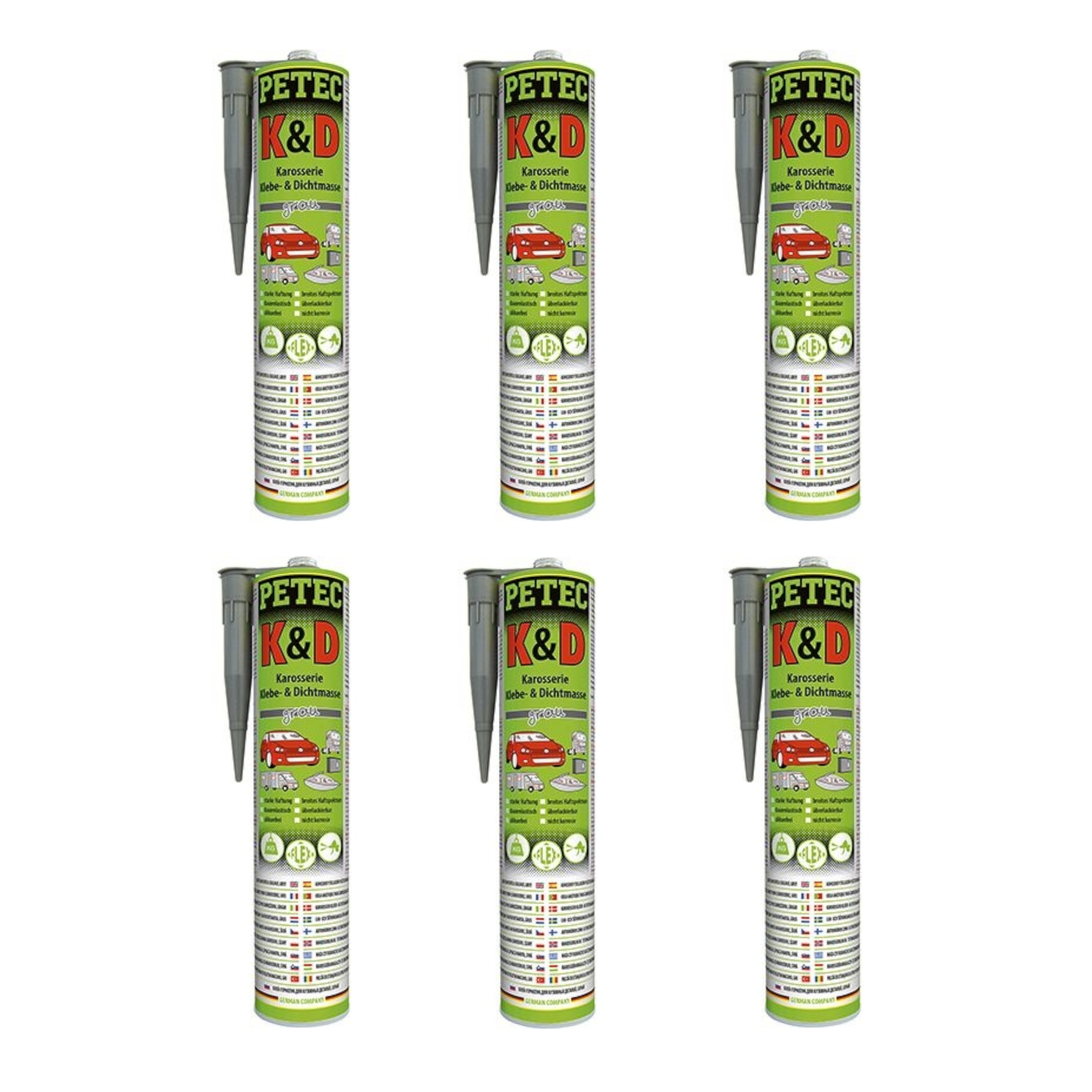 6x PETEC K&D Karosserie Klebe- und Dichtmasse Klebemasse Dichtmasse Karosseriekleber Klebstoff Kleber Kartusche 310ml grau