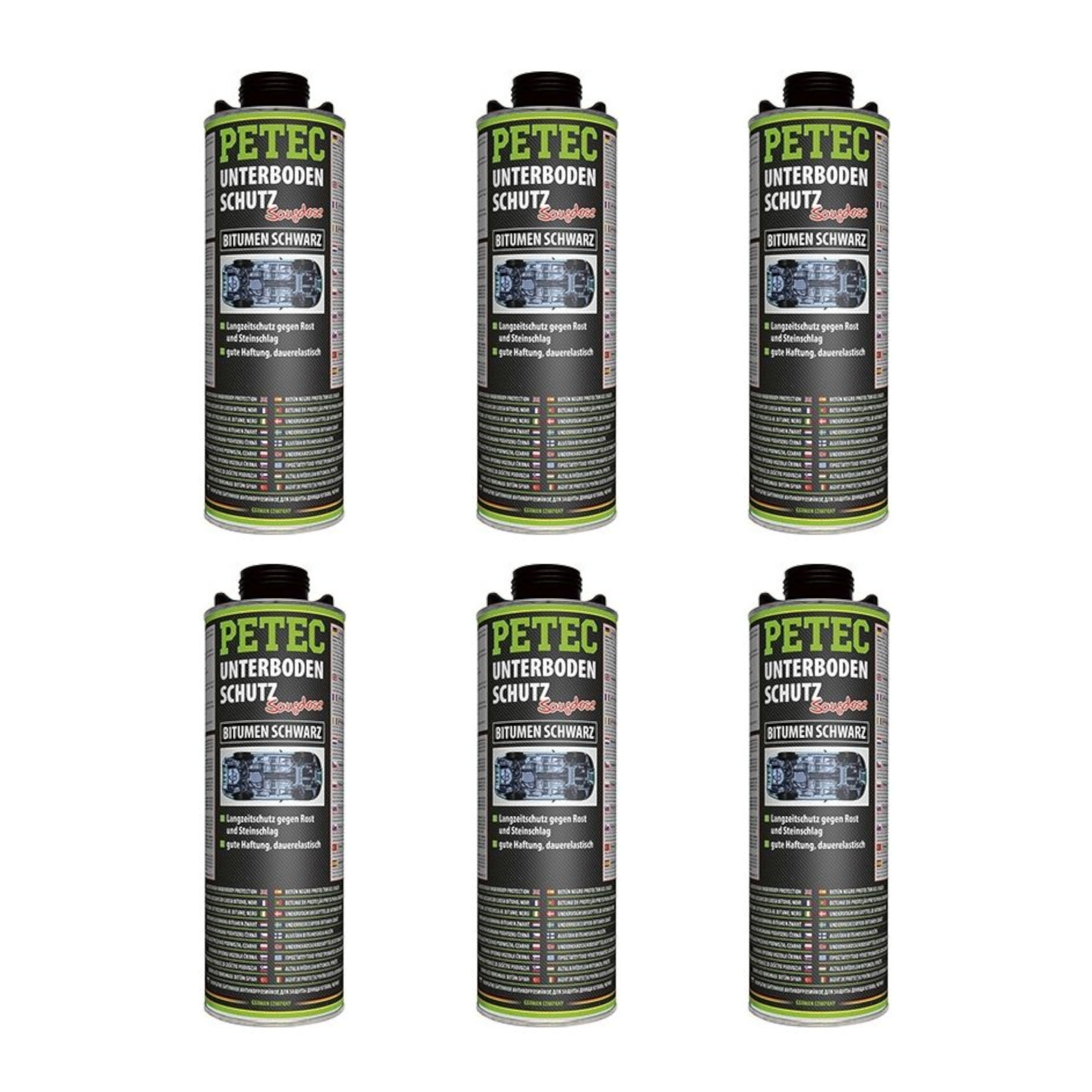 6X PETEC UNTERBODENSCHUTZ Bitumen SAUGDOSE SCHWARZ 1.000 ML 73110