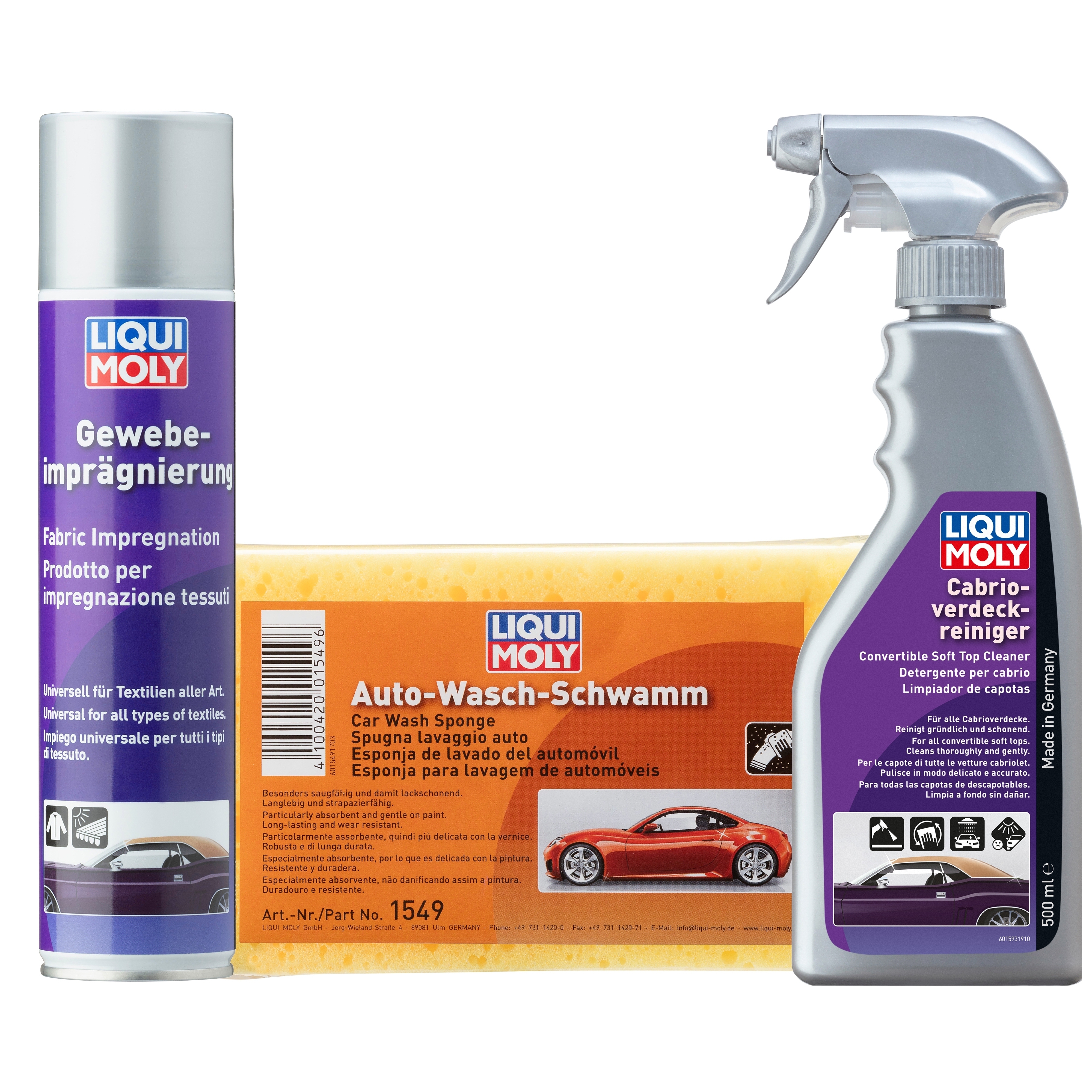 LIQUI MOLY Verdeck Gewebeimpr&auml;gnierung 1594 & Cabrioverdeckreiniger 1593 & Auto-Wasch-Schwamm 1549