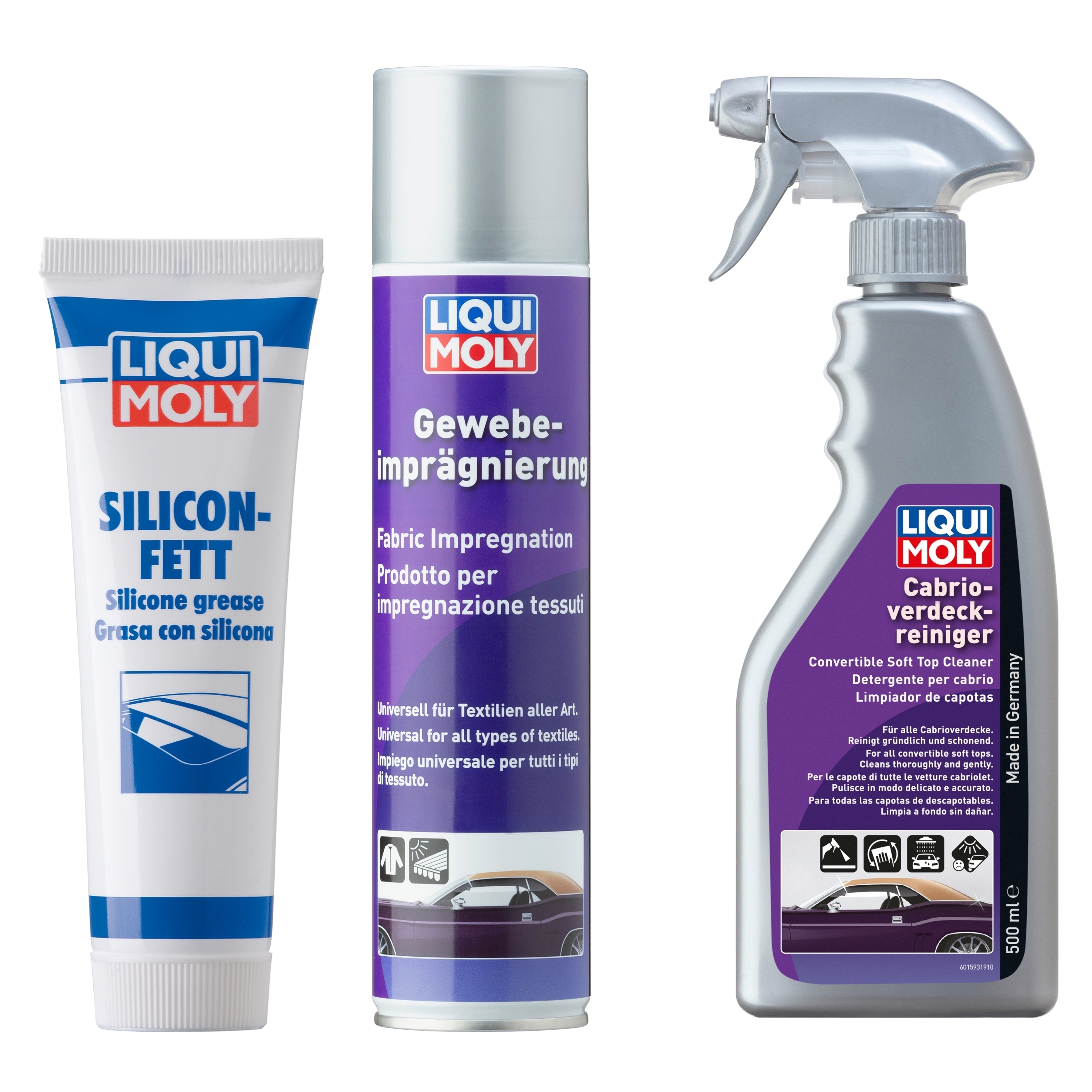 LIQUI MOLY Verdeck Gewebeimpr&auml;gnierung 1594 & Cabrioverdeckreiniger 1593 & Silicon-Fett transparent 3312
