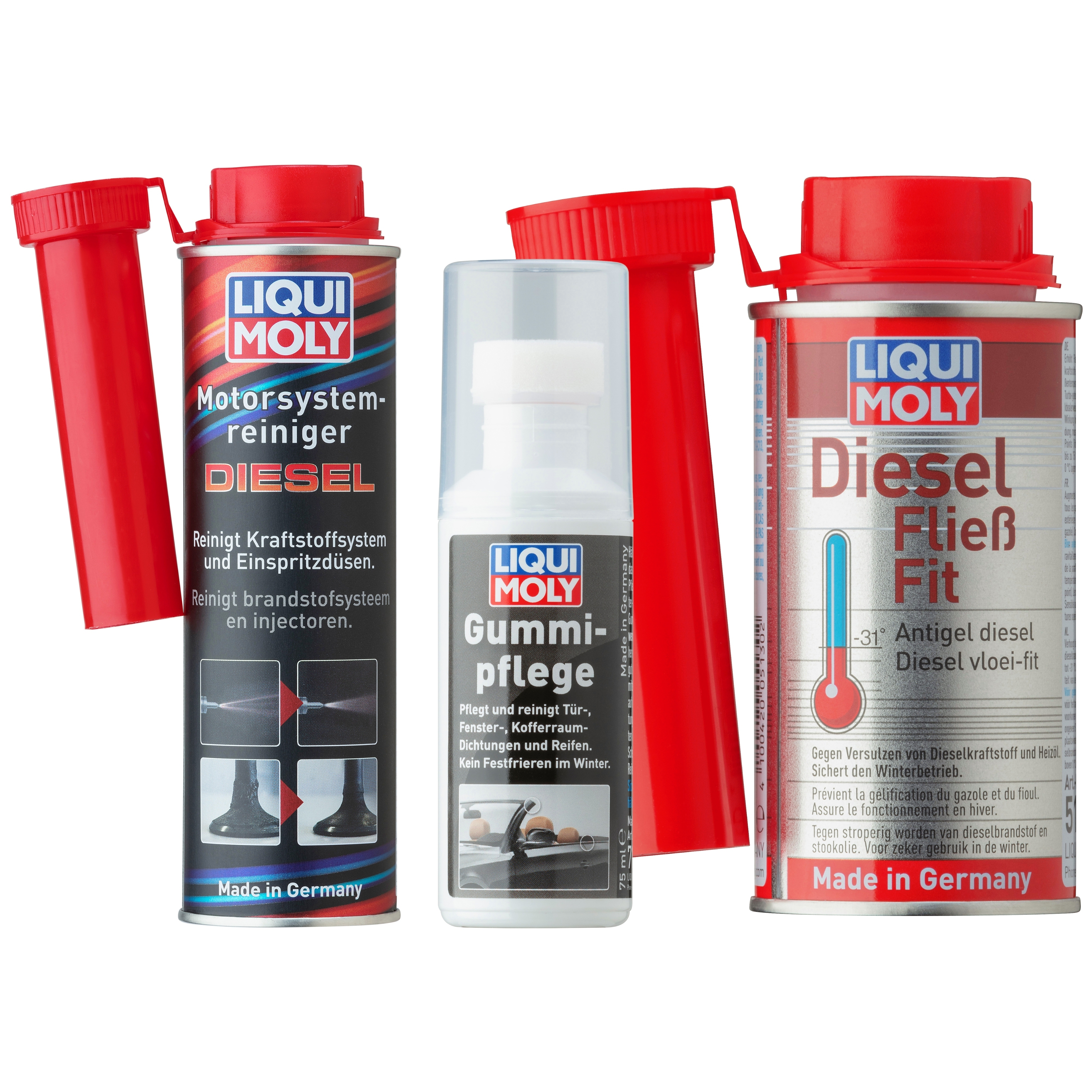 Liqui Moly 1x LM49158 Diesel-Winterpaket Motor System Reiniger Diesel + Diesel Flie&szlig; Fit + Gummi-Pflege 5128 300ml, 5130 150ml, 7182 75ml