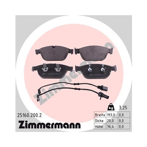 Bremsbelagsatz, Scheibenbremse ZIMMERMANN 25160.200.2 f&uuml;r AUDI VAG, Vorderachse