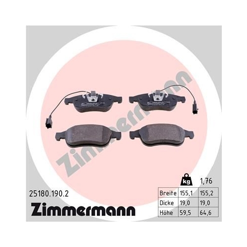 Bremsbelagsatz, Scheibenbremse ZIMMERMANN 25180.190.2 f&uuml;r FIAT, Vorderachse