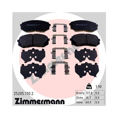 Bremsbelagsatz, Scheibenbremse ZIMMERMANN 25205.170.2 f&uuml;r HYUNDAI KIA KIA (DYK)