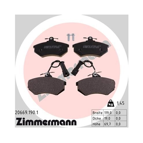 Bremsbelagsatz, Scheibenbremse ZIMMERMANN 20669.190.1 f&uuml;r VAG CHERY, Vorderachse