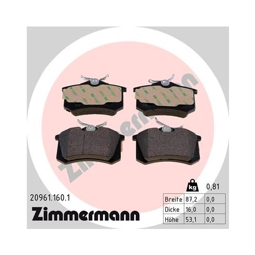 Bremsbelagsatz, Scheibenbremse ZIMMERMANN 20961.160.1 f&uuml;r OPEL RENAULT VAG
