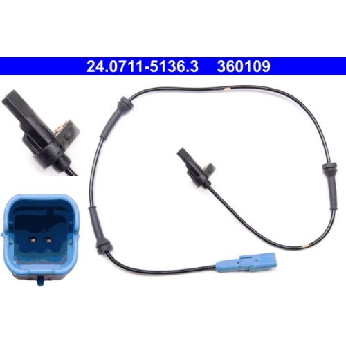 Sensor, Raddrehzahl ATE 24.0711-5136.3 f&uuml;r PEUGEOT, Hinterachse