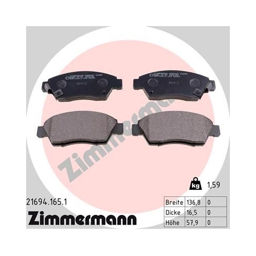 Bremsbelagsatz, Scheibenbremse ZIMMERMANN 21694.165.1 f&uuml;r HONDA, Vorderachse