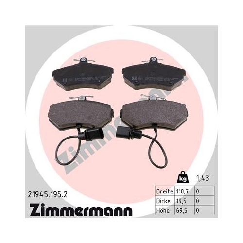 Bremsbelagsatz, Scheibenbremse ZIMMERMANN 21945.195.2 f&uuml;r AUDI VAG, Vorderachse