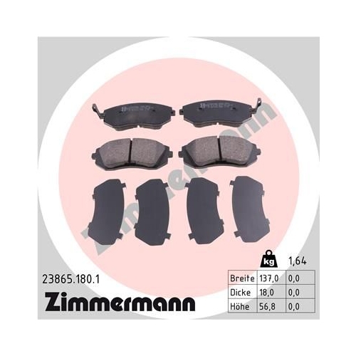 Bremsbelagsatz, Scheibenbremse ZIMMERMANN 23865.180.1 f&uuml;r SUBARU, Vorderachse