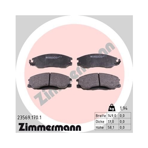 Bremsbelagsatz, Scheibenbremse ZIMMERMANN 23569.170.1 f&uuml;r SSANGYONG HYUNDAI