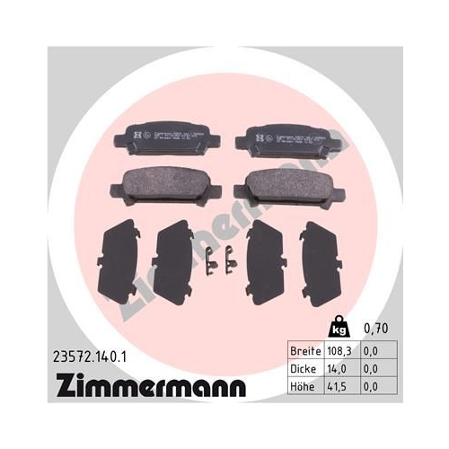 Bremsbelagsatz, Scheibenbremse ZIMMERMANN 23572.140.1 f&uuml;r SUBARU, Hinterachse