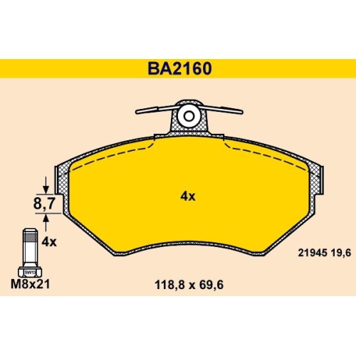 Bremsbelagsatz, Scheibenbremse BARUM BA2160 f&uuml;r VAG, Vorderachse