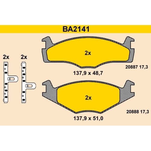 Bremsbelagsatz, Scheibenbremse BARUM BA2141 f&uuml;r VAG, Vorderachse