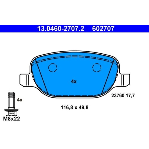 Bremsbelagsatz, Scheibenbremse ATE 13.0460-2707.2 f&uuml;r FIAT, Hinterachse