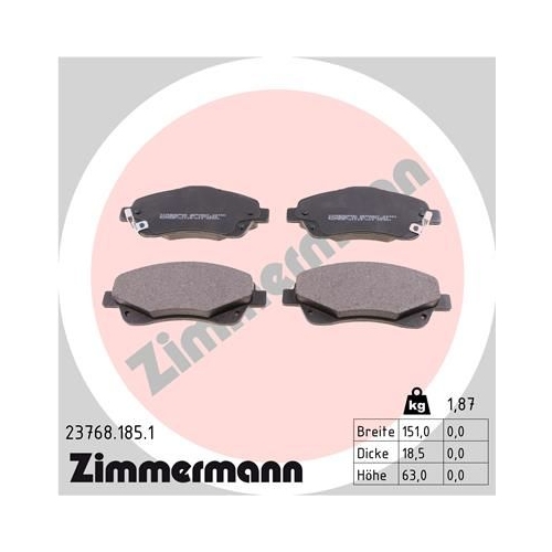 Bremsbelagsatz, Scheibenbremse ZIMMERMANN 23768.185.1 f&uuml;r TOYOTA, Vorderachse