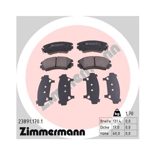 Bremsbelagsatz, Scheibenbremse ZIMMERMANN 23891.170.1 f&uuml;r HYUNDAI KIA