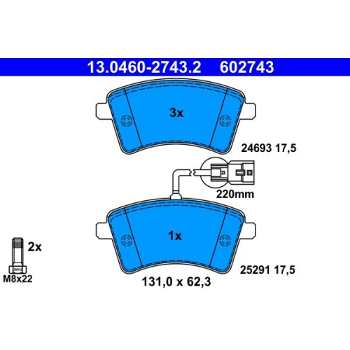 Bremsbelagsatz, Scheibenbremse ATE 13.0460-2743.2 f&uuml;r RENAULT, Vorderachse