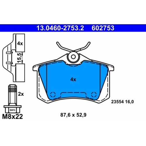 Bremsbelagsatz, Scheibenbremse ATE 13.0460-2753.2 f&uuml;r RENAULT, Hinterachse