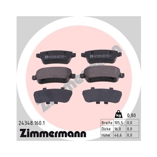 Bremsbelagsatz, Scheibenbremse ZIMMERMANN 24348.160.1 f&uuml;r FIAT, Hinterachse
