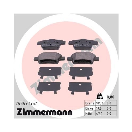 Bremsbelagsatz, Scheibenbremse ZIMMERMANN 24349.175.1 f&uuml;r FIAT OPEL, Hinterachse