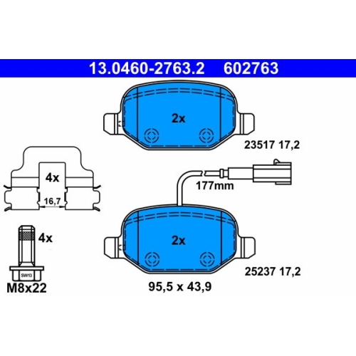 Bremsbelagsatz, Scheibenbremse ATE 13.0460-2763.2 f&uuml;r FIAT, Hinterachse