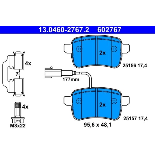 Bremsbelagsatz, Scheibenbremse ATE 13.0460-2767.2 f&uuml;r FIAT, Hinterachse