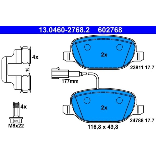 Bremsbelagsatz, Scheibenbremse ATE 13.0460-2768.2 f&uuml;r FIAT, Hinterachse