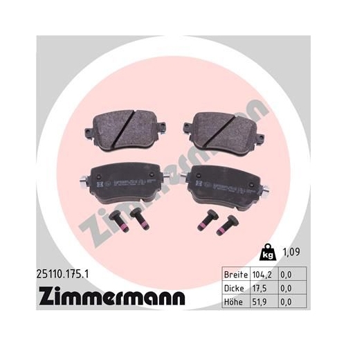 Bremsbelagsatz, Scheibenbremse ZIMMERMANN 25110.175.1 f&uuml;r VAG, Hinterachse