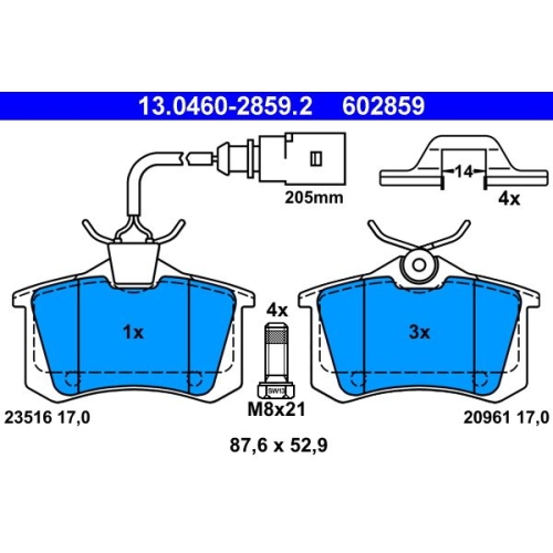 Bremsbelagsatz, Scheibenbremse ATE 13.0460-2859.2 f&uuml;r FORD SEAT VAG, Hinterachse