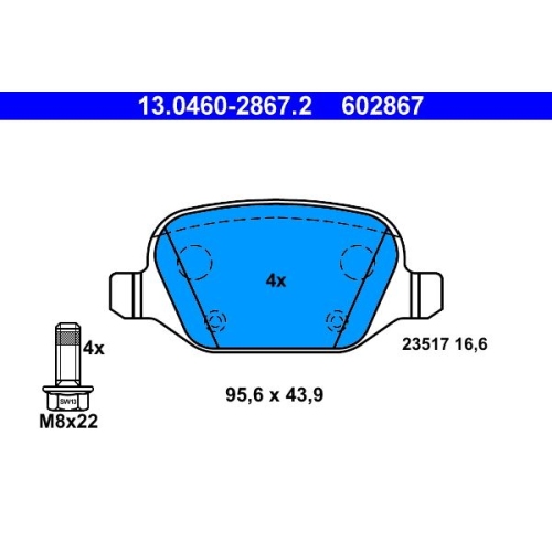 Bremsbelagsatz, Scheibenbremse ATE 13.0460-2867.2 f&uuml;r FIAT, Hinterachse