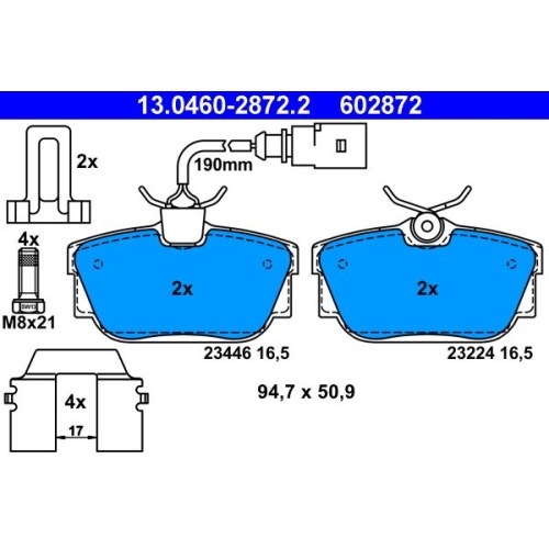 Bremsbelagsatz, Scheibenbremse ATE 13.0460-2872.2 f&uuml;r FORD SEAT VAG, Hinterachse