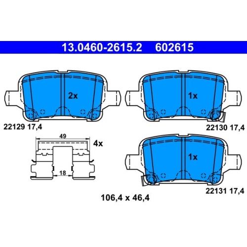 Bremsbelagsatz, Scheibenbremse ATE 13.0460-2615.2 f&uuml;r OPEL VAUXHALL, Hinterachse
