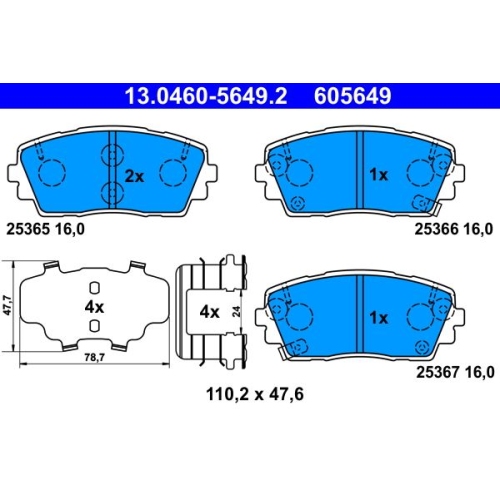 Bremsbelagsatz, Scheibenbremse ATE 13.0460-5649.2 f&uuml;r HYUNDAI KIA, Vorderachse