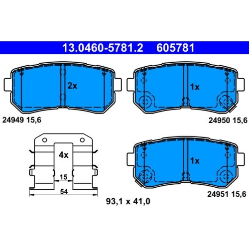 Bremsbelagsatz, Scheibenbremse ATE 13.0460-5781.2 f&uuml;r HYUNDAI KIA, Hinterachse