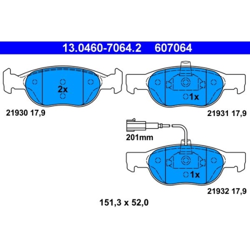 Bremsbelagsatz, Scheibenbremse ATE 13.0460-7064.2 f&uuml;r FIAT, Vorderachse