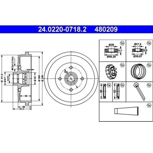 Bremstrommel ATE 24.0220-0718.2 f&uuml;r SEAT SKODA VAG, Hinterachse
