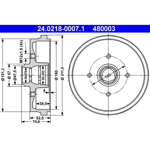 Bremstrommel ATE 24.0218-0007.1 f&uuml;r SEAT VAG, Hinterachse