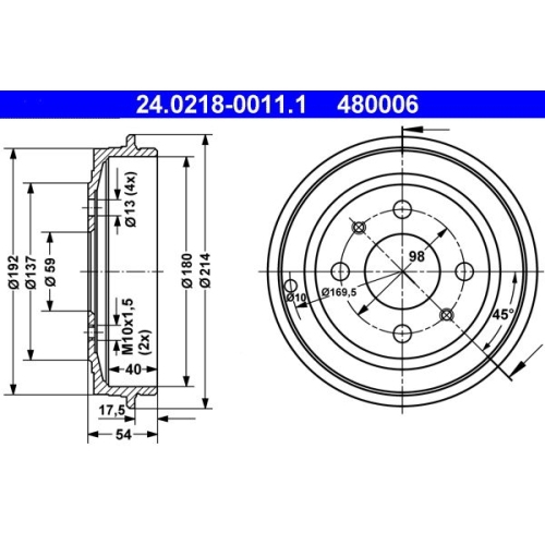 Bremstrommel ATE 24.0218-0011.1 f&uuml;r FIAT FORD, Hinterachse
