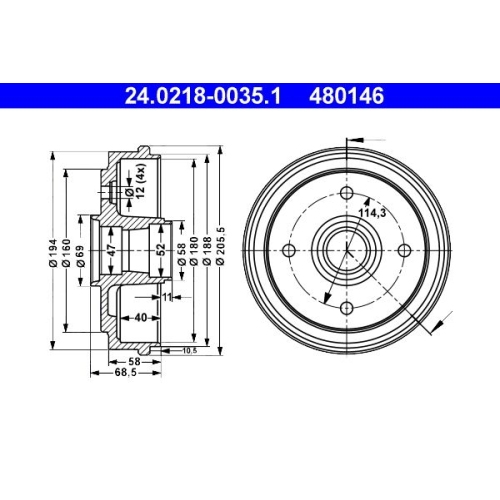 Bremstrommel ATE 24.0218-0035.1 f&uuml;r CHEVROLET DAEWOO, Hinterachse