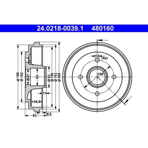 Bremstrommel ATE 24.0218-0039.1 f&uuml;r OPEL SUZUKI, Hinterachse