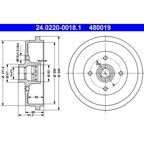 Bremstrommel ATE 24.0220-0018.1 f&uuml;r SEAT SKODA VAG, Hinterachse