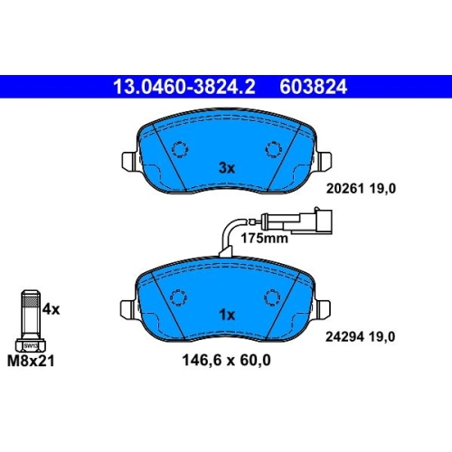 Bremsbelagsatz, Scheibenbremse ATE 13.0460-3824.2 f&uuml;r FIAT, Vorderachse