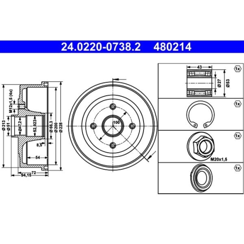 Bremstrommel ATE 24.0220-0738.2 f&uuml;r OPEL VAUXHALL, Hinterachse