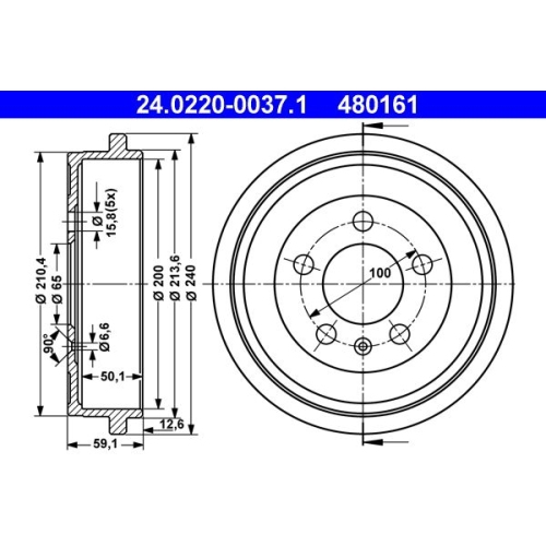 Bremstrommel ATE 24.0220-0037.1 f&uuml;r SEAT SKODA VAG, Hinterachse