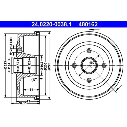 Bremstrommel ATE 24.0220-0038.1 f&uuml;r OPEL, Hinterachse