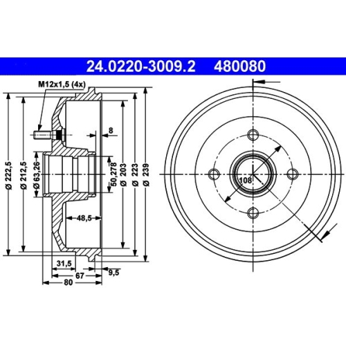Bremstrommel ATE 24.0220-3009.2 f&uuml;r FORD, Hinterachse