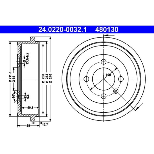 Bremstrommel ATE 24.0220-0032.1 f&uuml;r SEAT SKODA VAG, Hinterachse