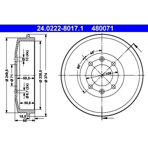 Bremstrommel ATE 24.0222-8017.1 f&uuml;r CITRO&Euml;N PEUGEOT, Hinterachse