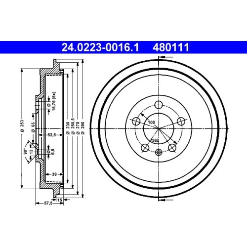 Bremstrommel ATE 24.0223-0016.1 f&uuml;r SKODA, Hinterachse